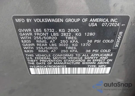 2024 Volkswagen Atlas 2.0T Se W/Technology из США, поврежденный, VIN 1V2JR2CA7RC608022